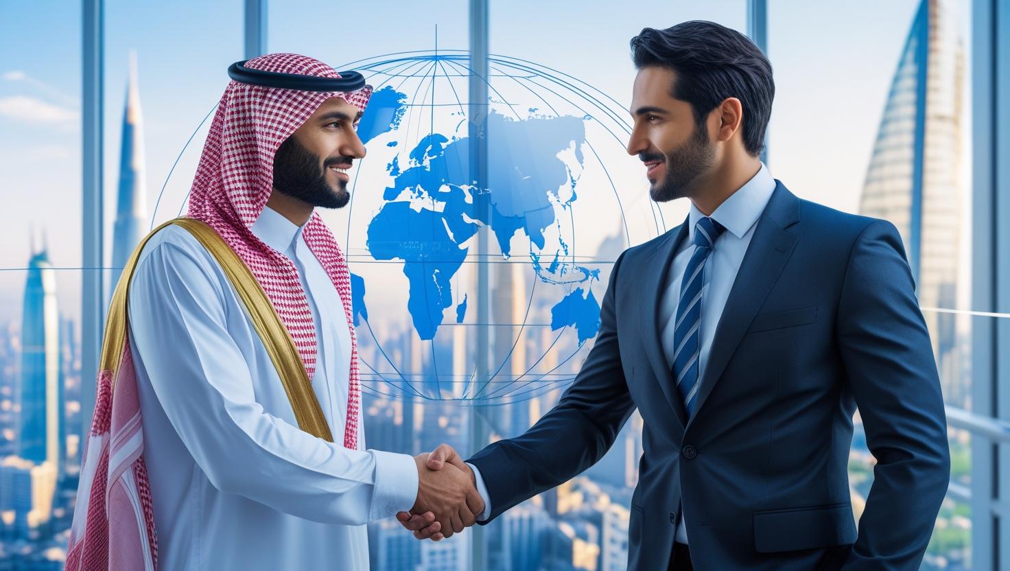 “Professional corporate photo composite of two businessmen shaking hands (Arab attire + Western suit) in a glass office with city skyline; subtle overlay of globe lines; crisp, premium lighting; blue & (1)